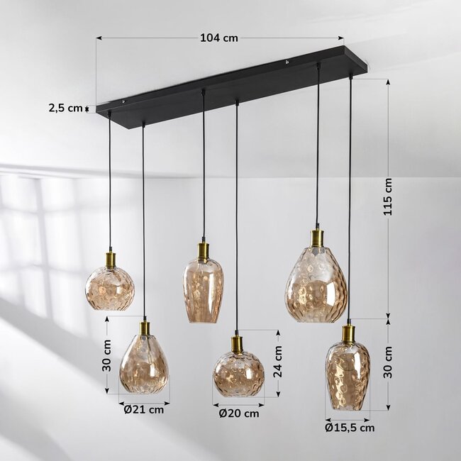 Pendant light Nilo – 6-light amber glass with curved glass
