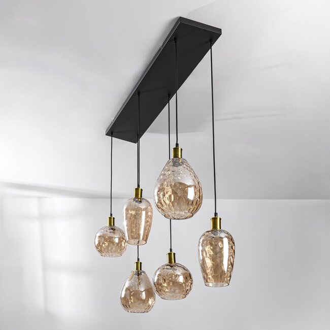 Pendant light Nilo – 6-light amber glass with curved glass