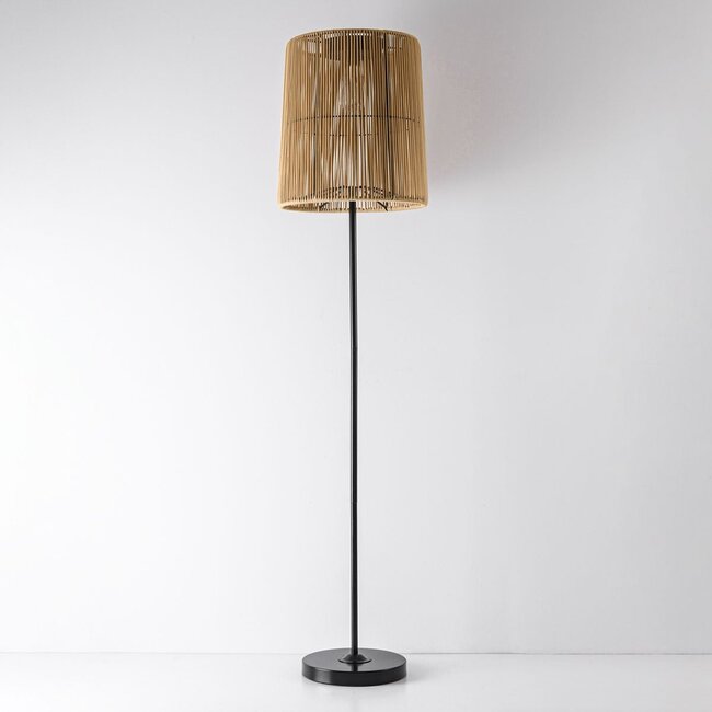 Solar floor lamp Elyra with rattan-look shade - black with light brown