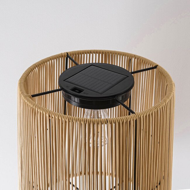 Solar floor lamp Elyra with rattan-look shade - black with light brown