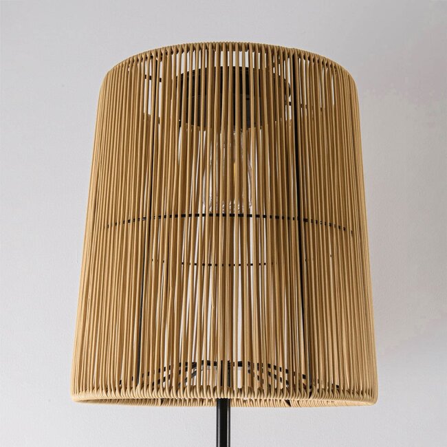 Solar floor lamp Elyra with rattan-look shade - black with light brown