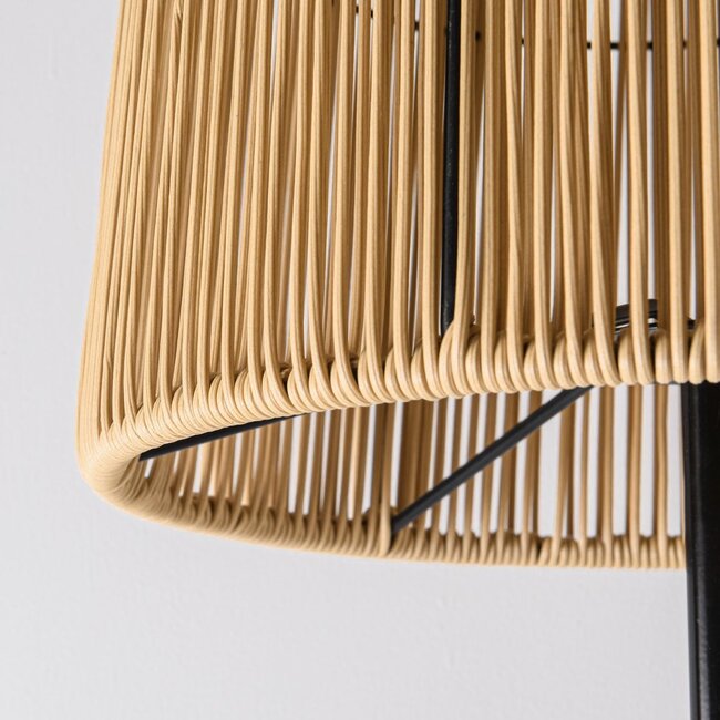 Solar floor lamp Elyra with rattan-look shade - black with light brown