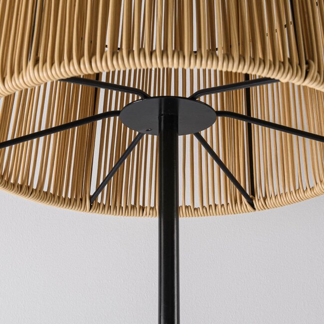 Solar floor lamp Elyra with rattan-look shade - black with light brown