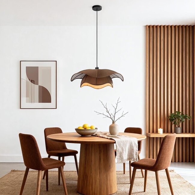 Pendant light Vea with organic linen shade in warm brown