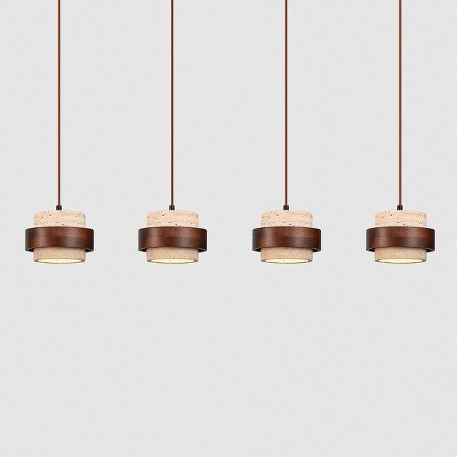 4-light pendant lamp Travé in travertine (natural stone) and wood