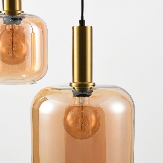 5-light pendant lamp Cinque in gold with amber glass