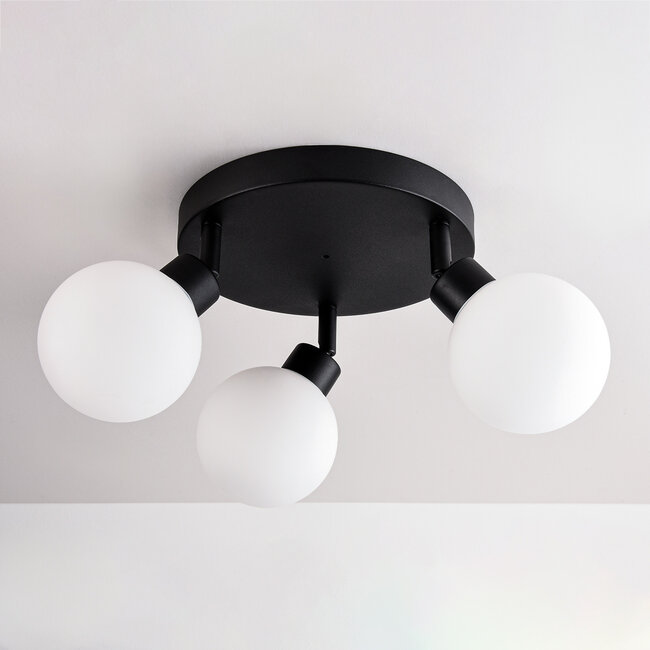Ceiling light Zano with 3 rotatable light points - black with opal white glass IP44