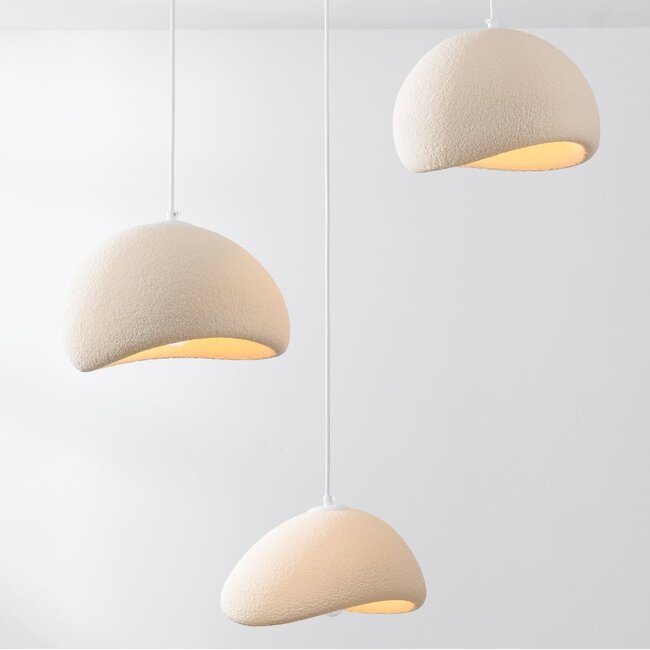 3-light Wabi-Sabi pendant lamp Ishi with sand beige stone effect - 3 x 30 cm