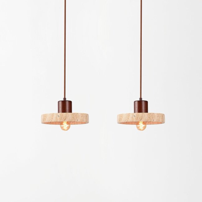 Japandi pendant light Florinda with travertine (natural stone) and wood, 2-light