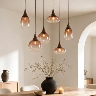 6-light pendant light Loic with ombre glass - brown