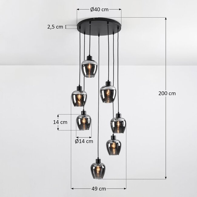 7-light pendant light Hollister - black with smoked grey glass