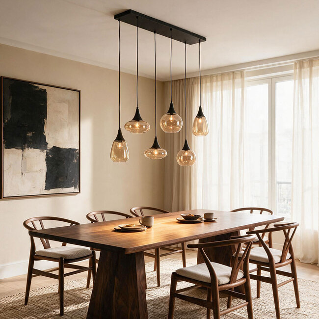 6-light pendant light Loic - black with amber glass
