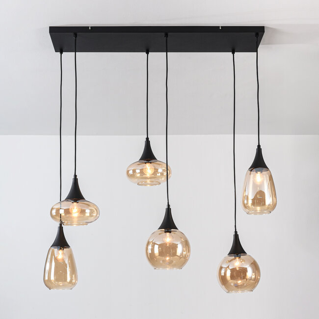 6-light pendant light Loic - black with amber glass