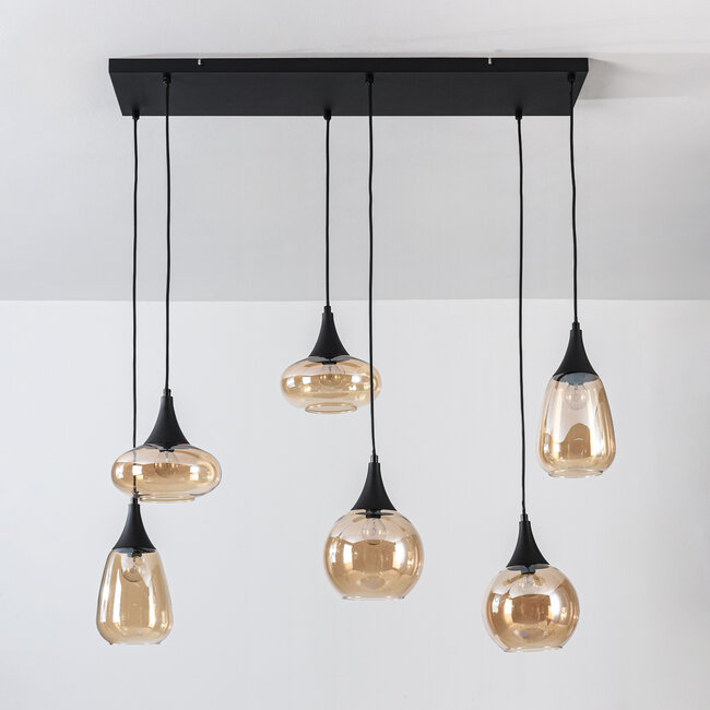 6-light pendant light Loic - black with amber glass