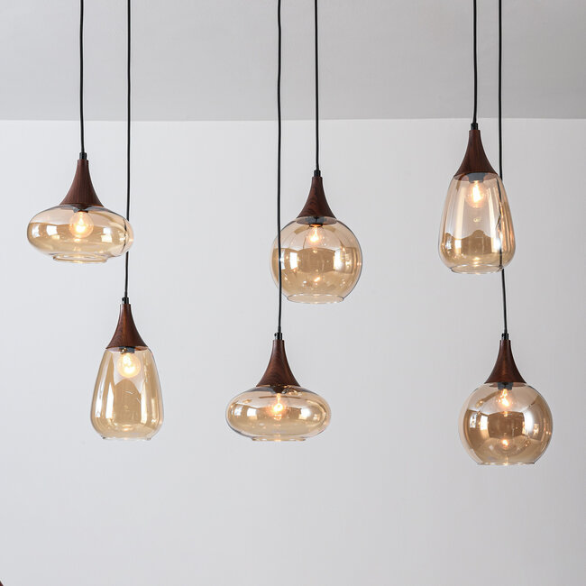 Loic 6-light pendant light - amber glass and wood effect