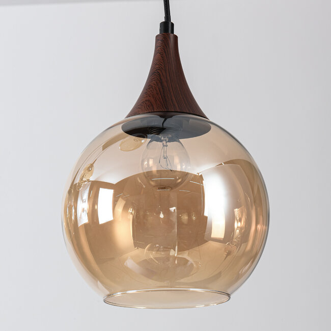 Loic 6-light pendant light - amber glass and wood effect