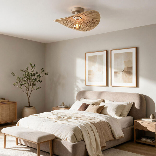 Ceiling light Satu with hand-woven raffia paper - beige