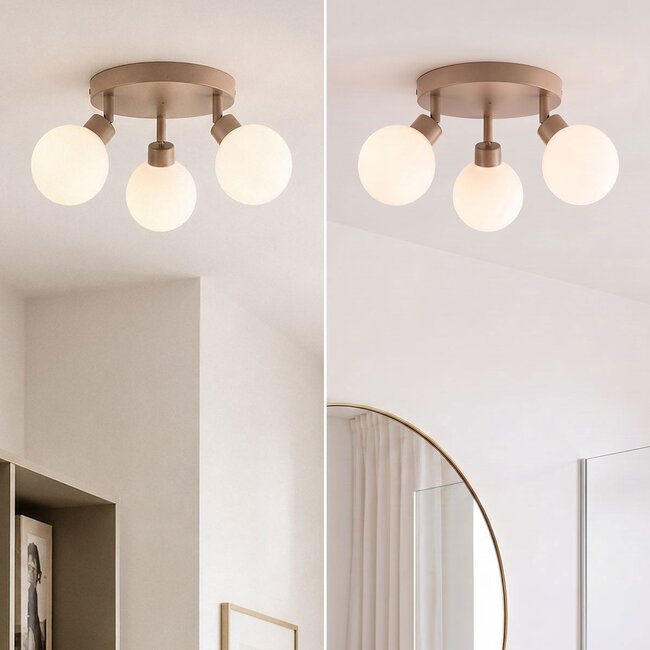 Ceiling lamp Zano with 3 adjustable spotlights in sand beige with opal-white glass