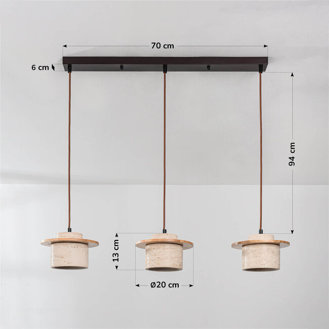 3-light Japandi pendant light Travia - travertine (natural stone) and light wood