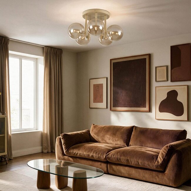 Amora ceiling light with 5 cognac glass globes - beige