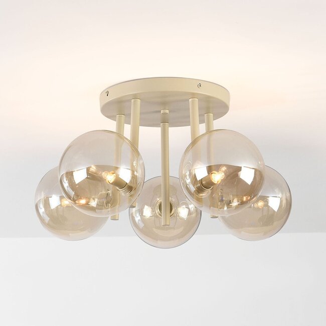 Amora ceiling light with 5 cognac glass globes - beige