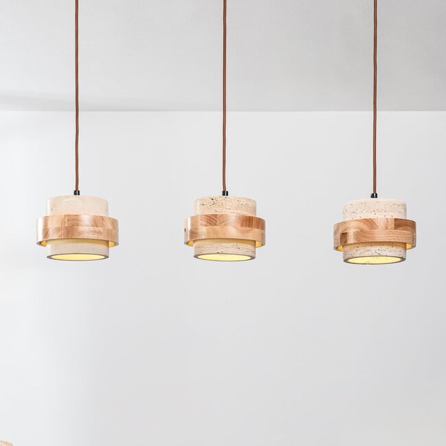 3-light pendant light Travo - travertine (natural stone) and light wood
