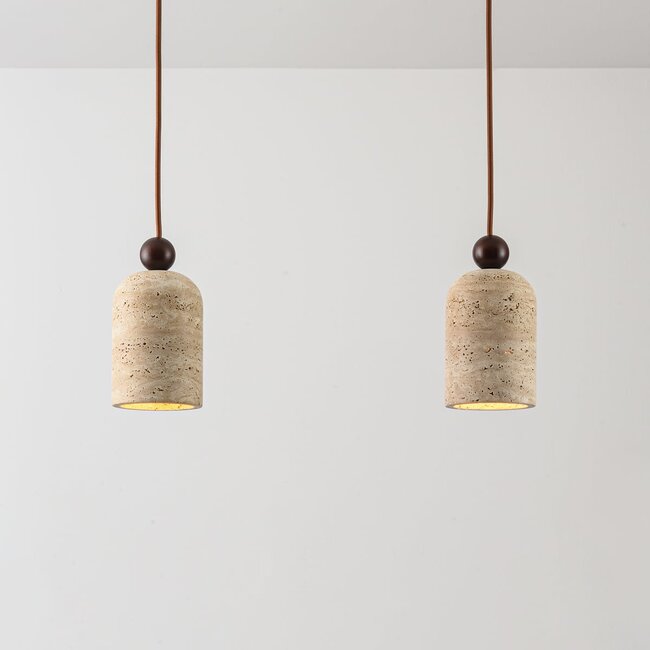 2-light Japandi pendant light Voro - travertine (natural stone) and wood