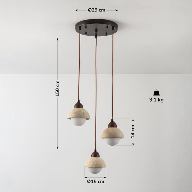 3-light pendant light Vado - travertine (natural stone) and glass, round