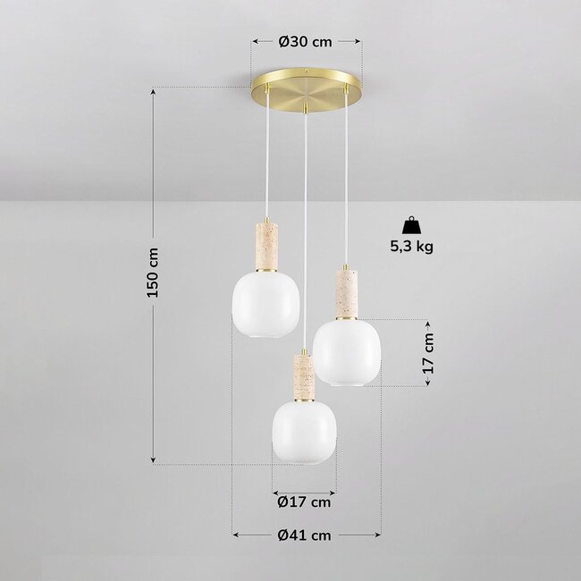 3-light pendant lamp Vesso with opal-white glass shades and travertine