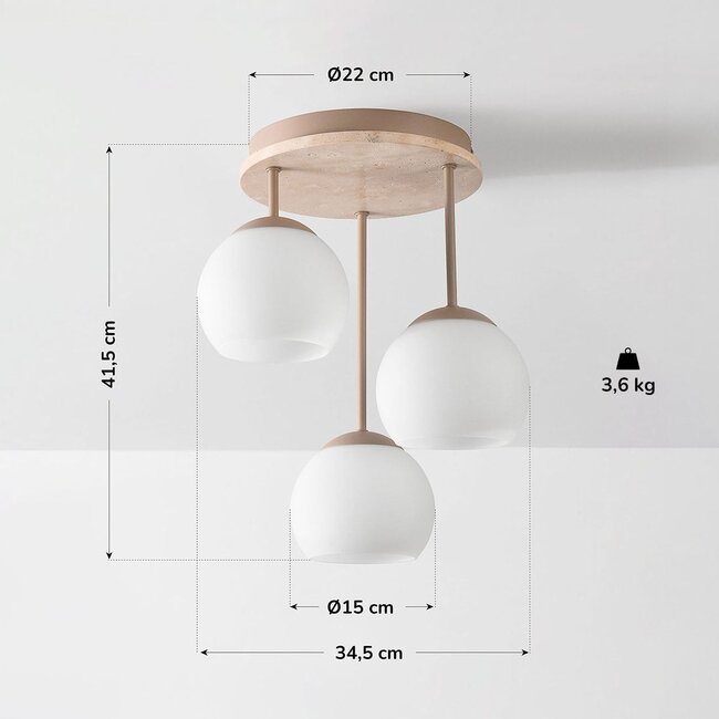 Ceiling lamp Carati in travertine (natural stone) with opal-white glass, 3-light in beige
