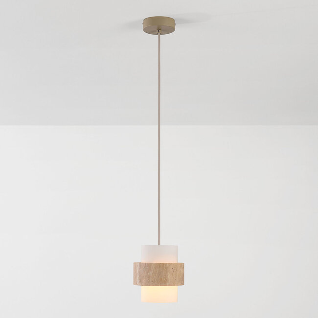 Pendant light Yuki with travertine and opal white glass - beige