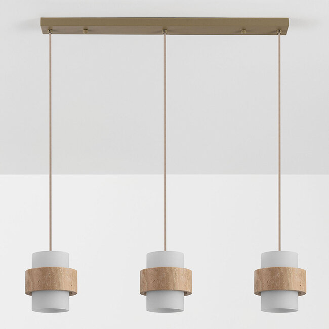Flari pendant light with 3 shades in travertine and opal white glass - beige