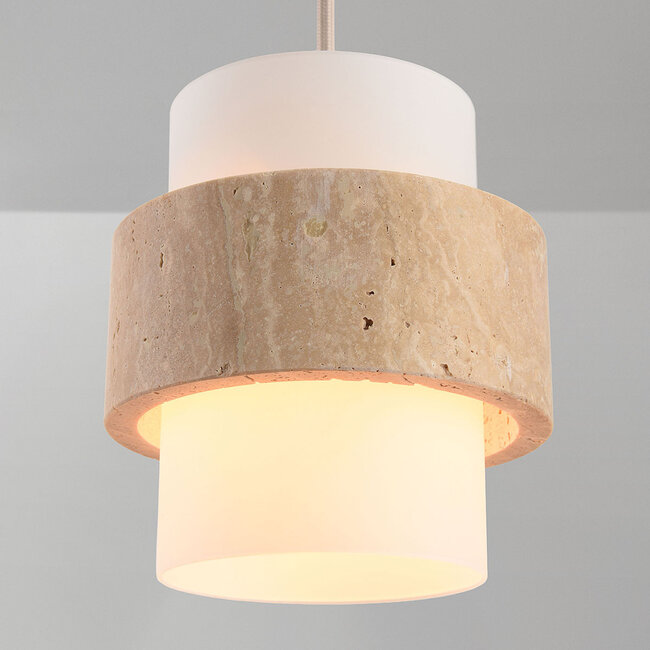 Flari pendant light with 3 shades in travertine and opal white glass - beige