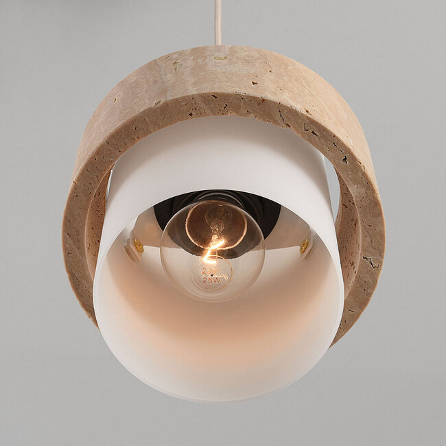 Flari pendant light with 3 shades in travertine and opal white glass - beige