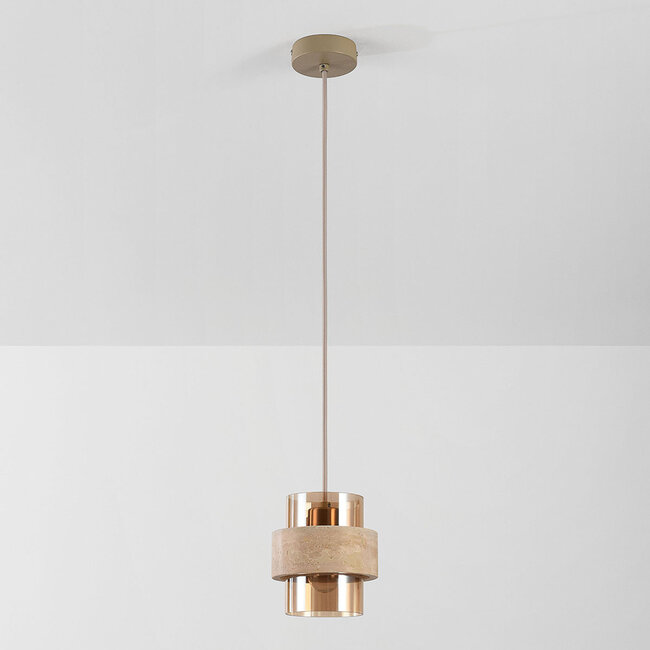 Yuki pendant light with travertine and amber glass - beige