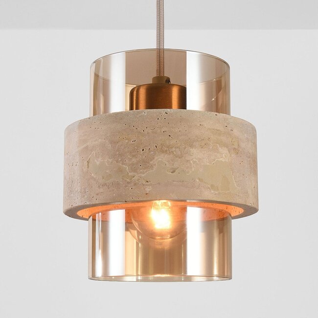 Yuki pendant light with travertine and amber glass - beige