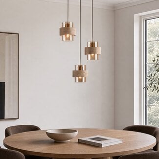 Pendant light Sani with 3 travertine and amber glass shades - beige