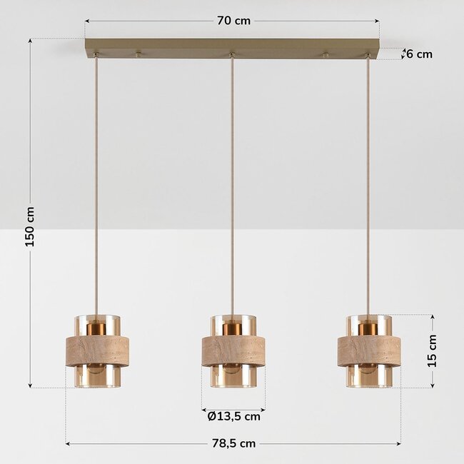 Flari pendant light with 3 travertine and amber glass shades - beige