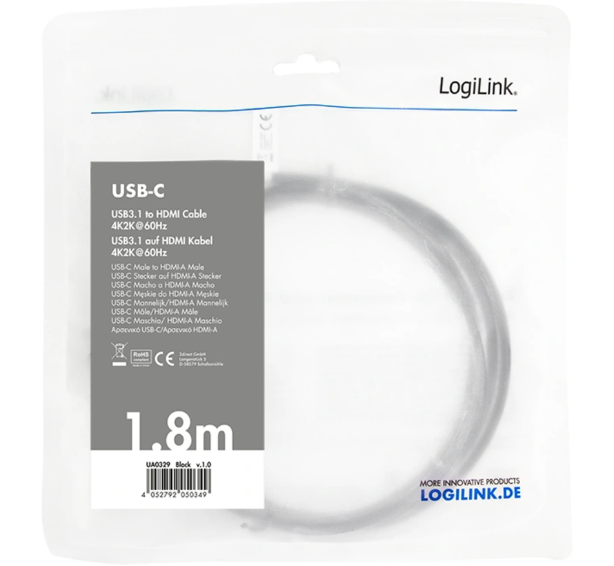 LogiLink USB-C naar HDMI 2.0 - 1.8 Meter