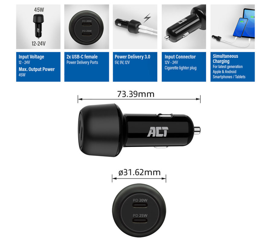 ACT AC2200 oplader voor mobiele apparatuur Zwart Auto