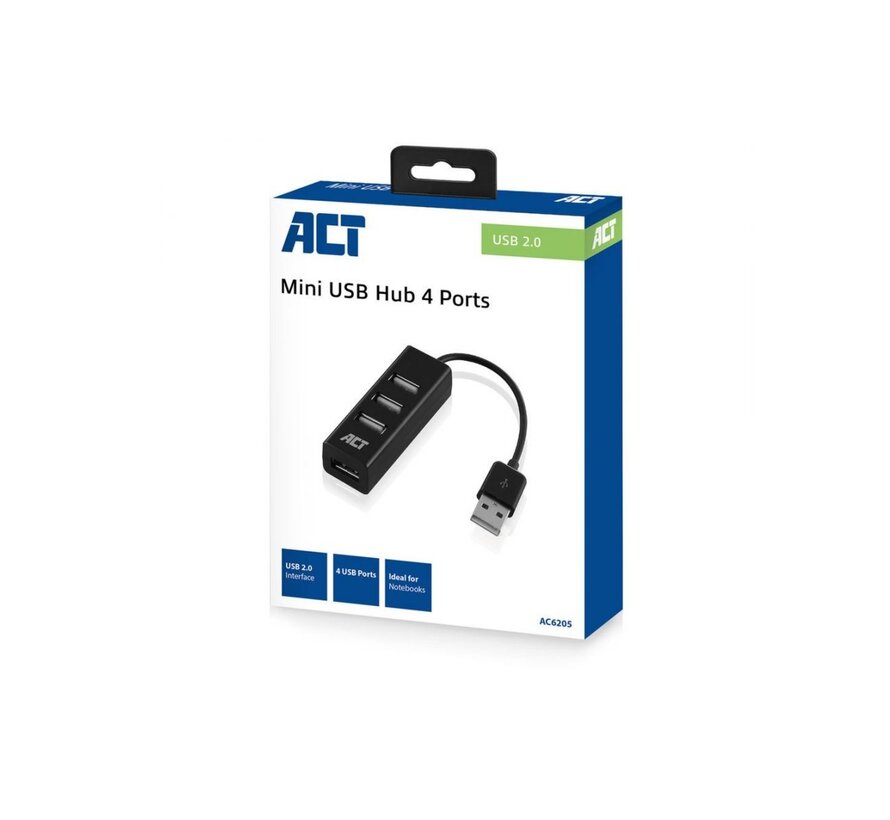 ACT AC6205 interface hub USB 2.0 480 Mbit/s Zwart