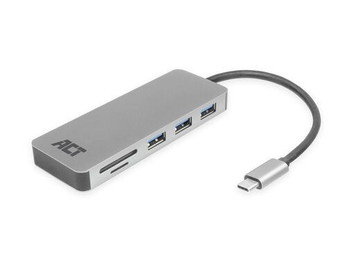 ACT ACT USB-C hub 3.0, 3x USB-A, card reader, PD pass-through