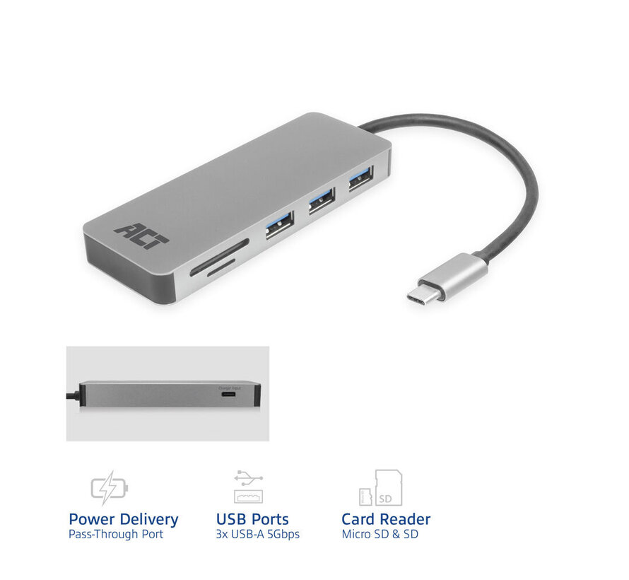 ACT USB-C hub 3.0, 3x USB-A, card reader, PD pass-through
