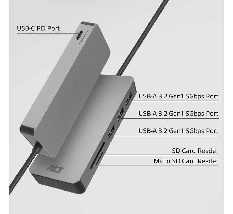 ACT USB-C hub 3.0, 3x USB-A, card reader, PD pass-through