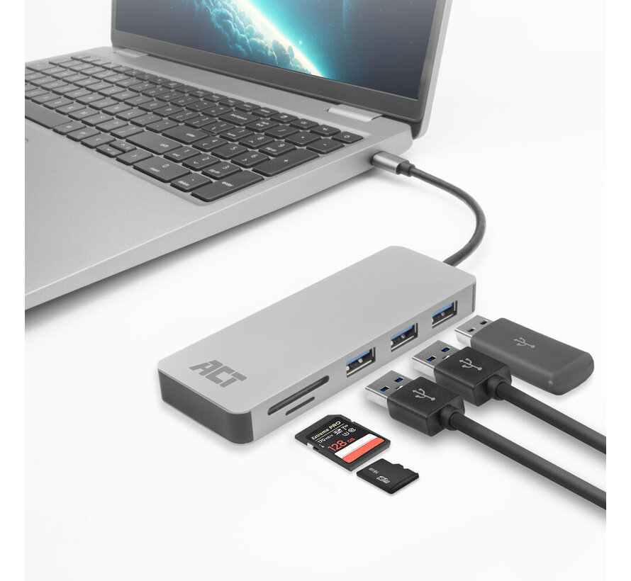 ACT USB-C hub 3.0, 3x USB-A, card reader, PD pass-through