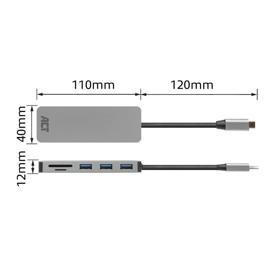 ACT USB-C hub 3.0, 3x USB-A, card reader, PD pass-through