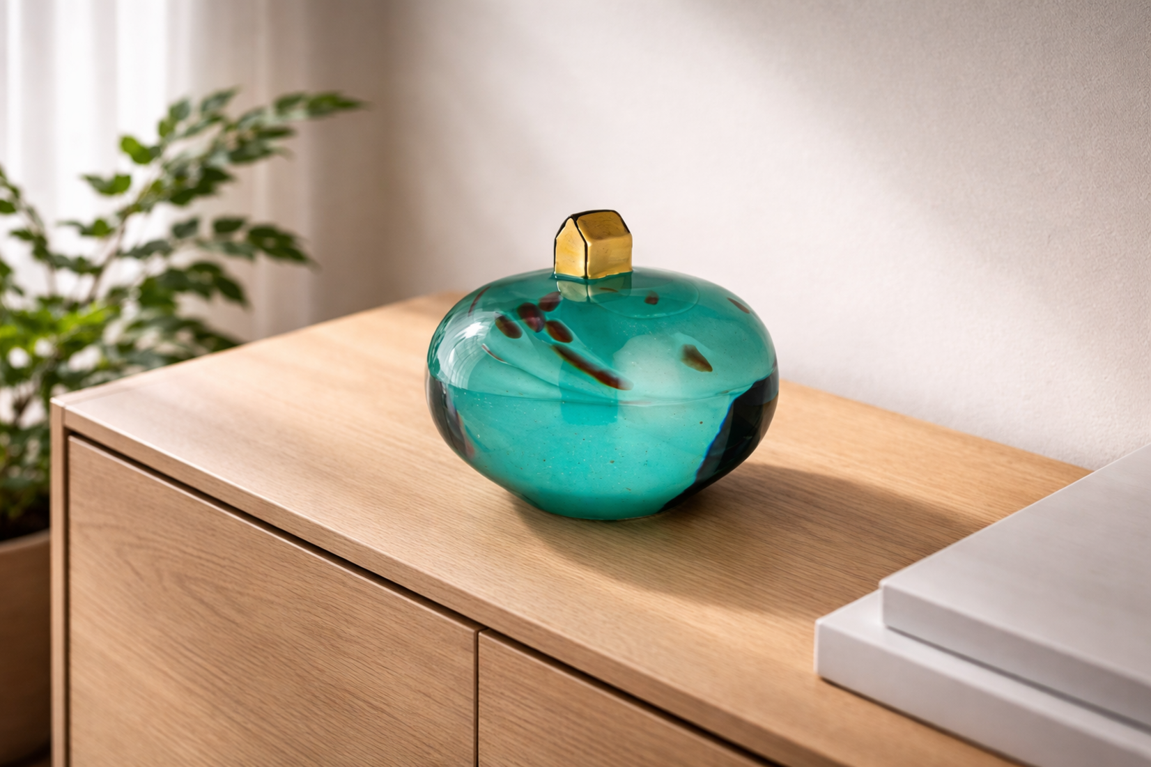 Bertil Vallien  Kosta Boda Sculptuur Ocean – Diepblauw Kristal met Goudkleurig Huisje, Handgemaakt door Bertil Vallien in Zweden