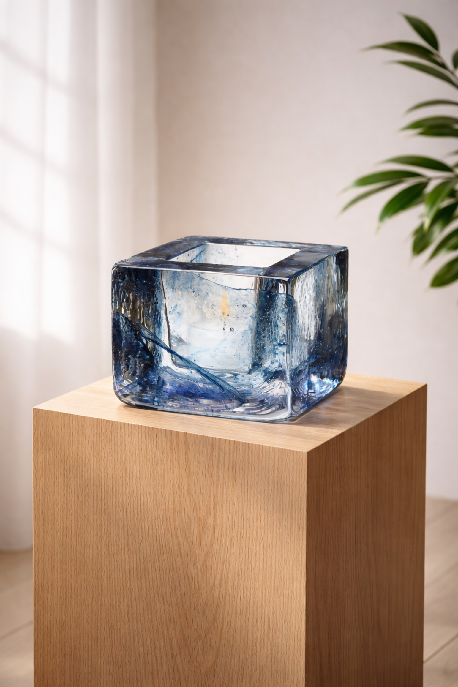 Blauwe kristallen waxinelichthouder Kosta Boda