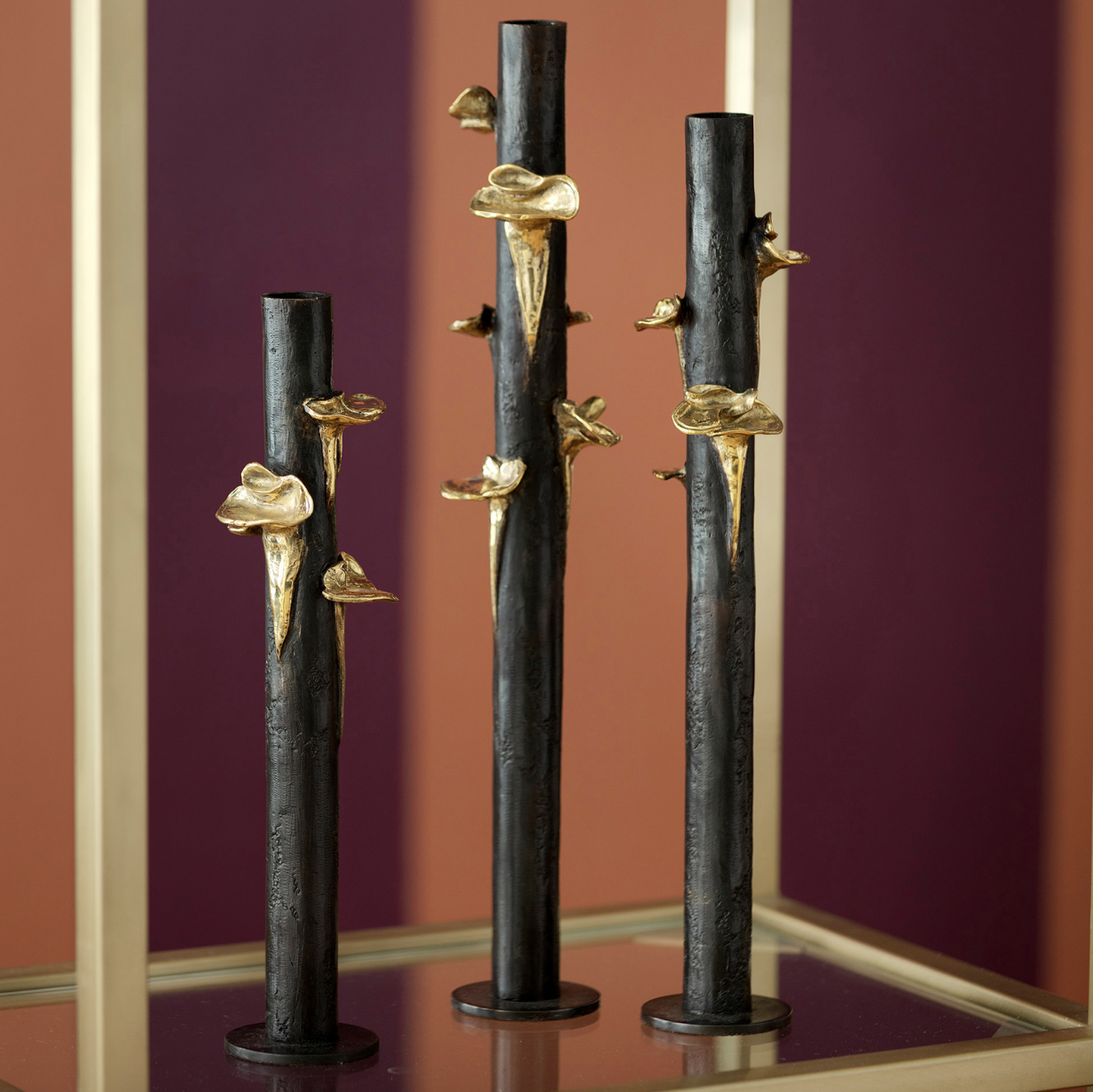 Candle holder Mushrooms Black candle holders with golden mushrooms