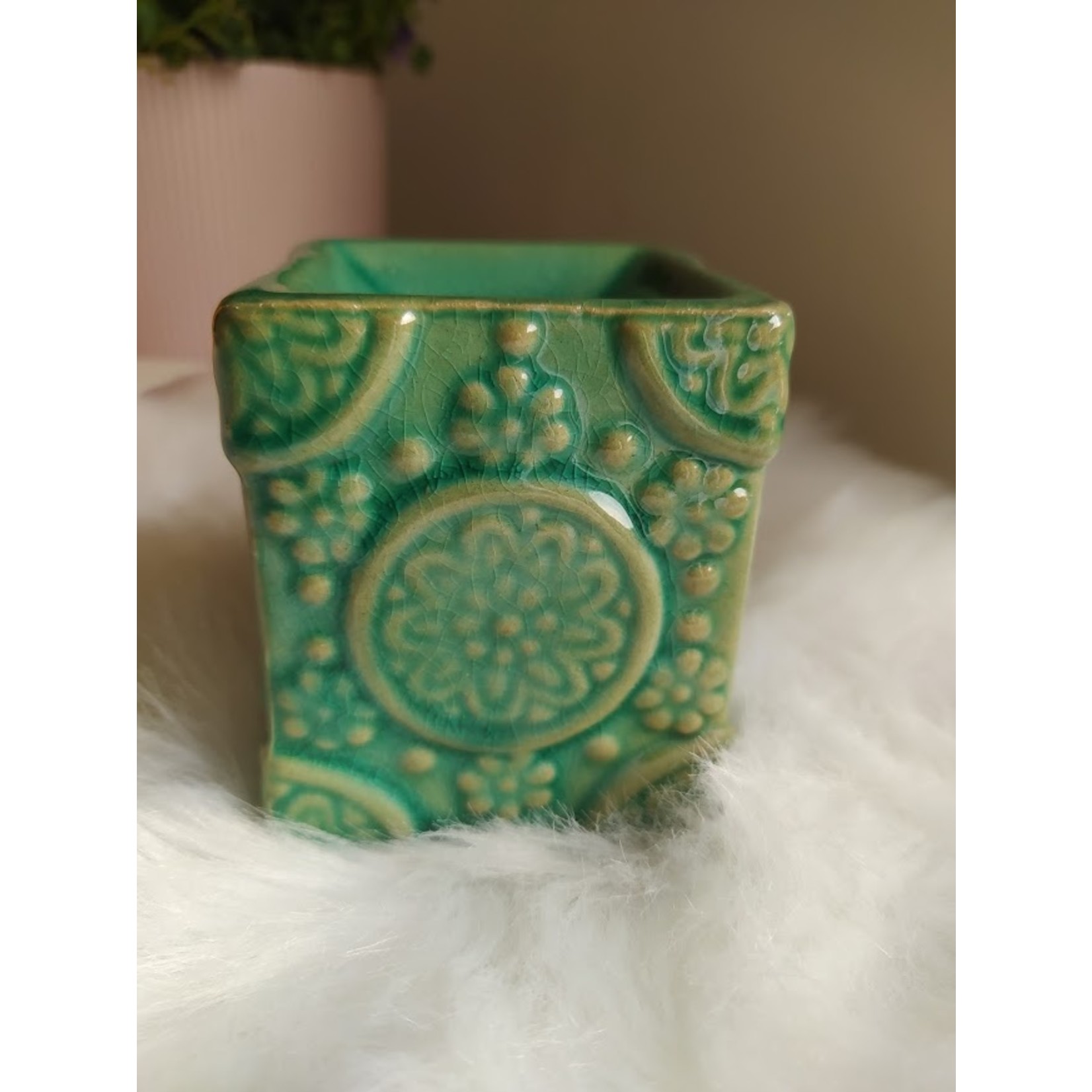 Aromabrander voor wax melts - keramisch met bloemen groen